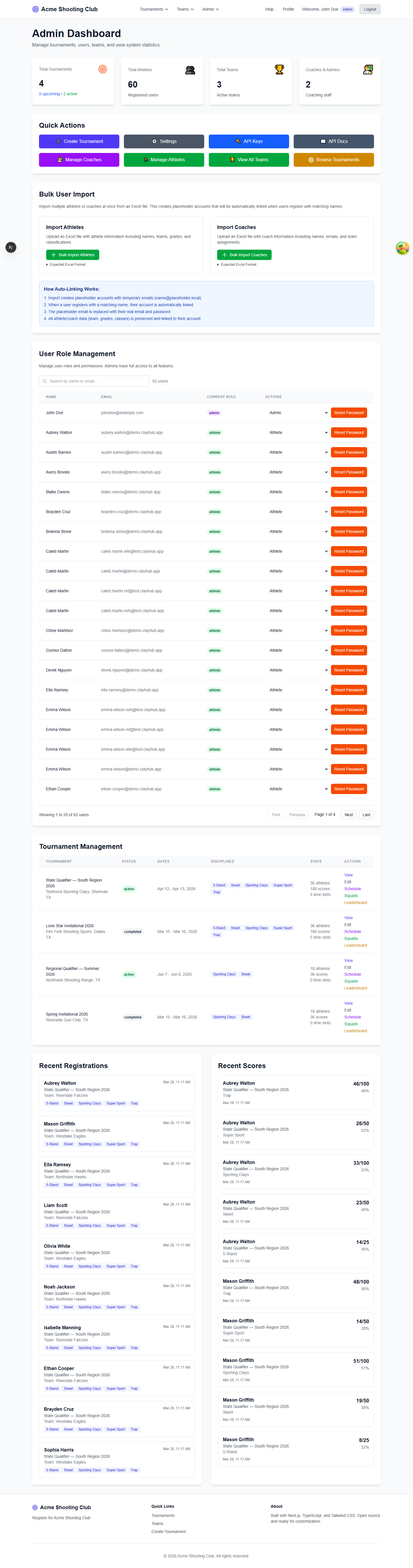 Admin dashboard showing tournament list with stats and status