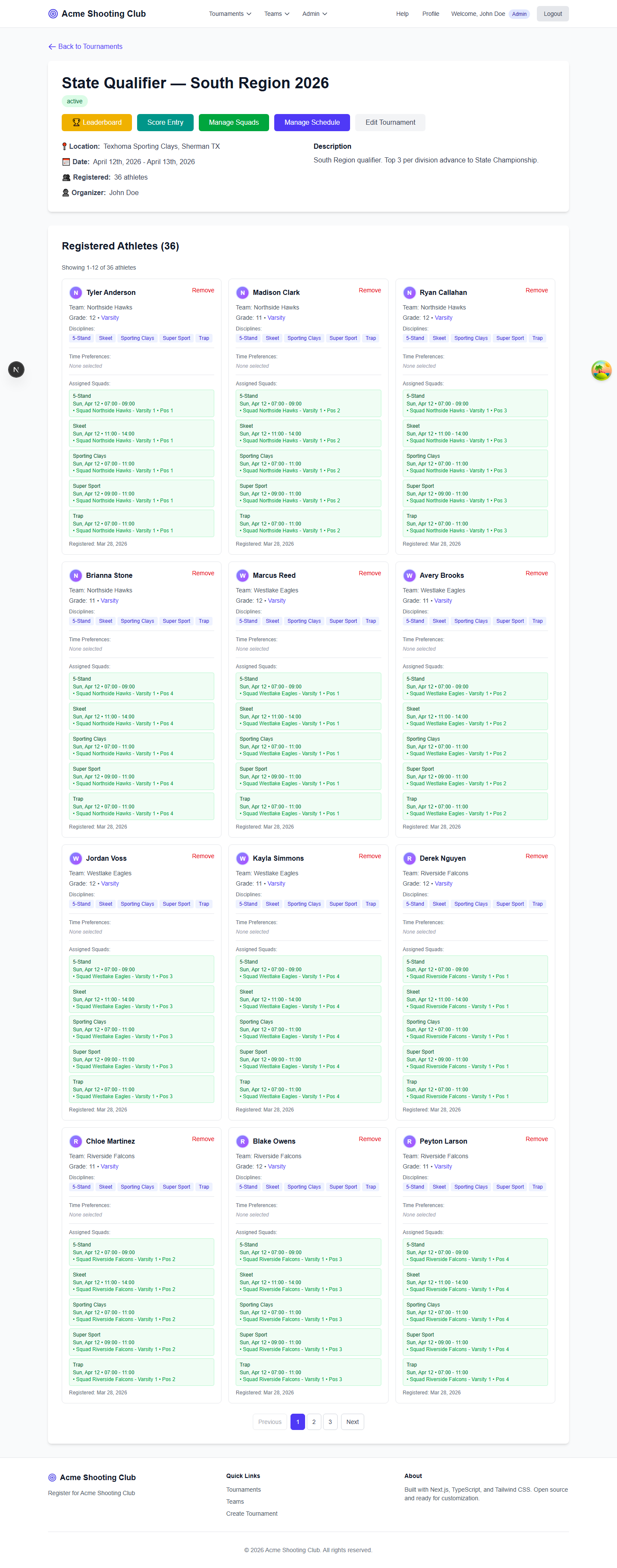 Tournament detail page with registered athletes, location and actions